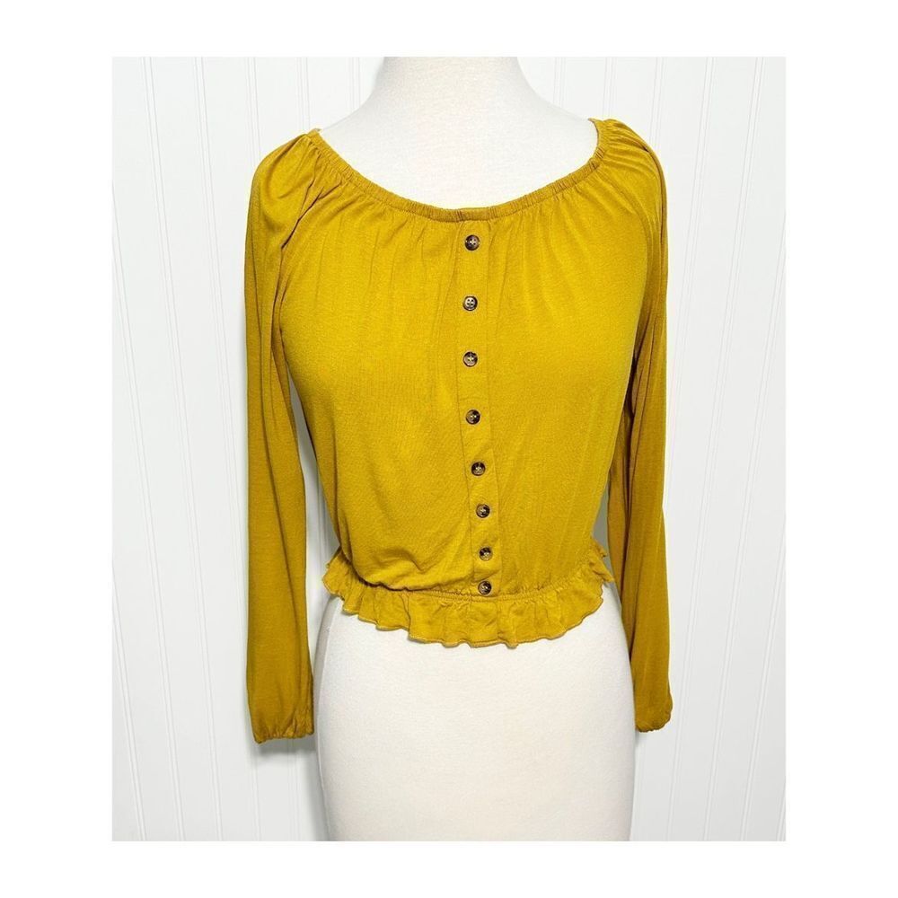 H&M Women's Cinched Waist Long Sleeve Cropped Top Blouse Mustard Yellow Size XS‎